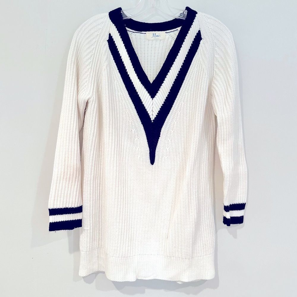 Mimi's Classic‎ Coastal Cable Knit V-Neck Sweater Women's S/M Navy Blue Ivory